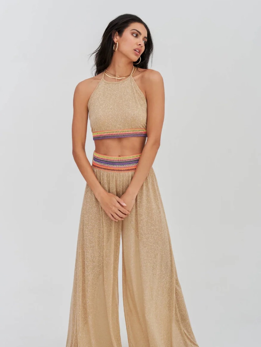 Pitusa Halter Top and Wide-Leg Pants Set with Rainbow Elastic Waistband